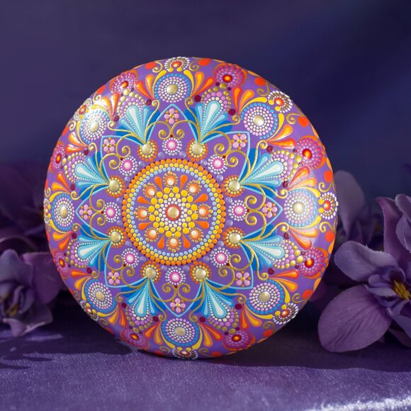 Mandala Painted Stone Acrylic Rock Paperweight Dot Art Painting by Lauruntra - Picture 1 of 10